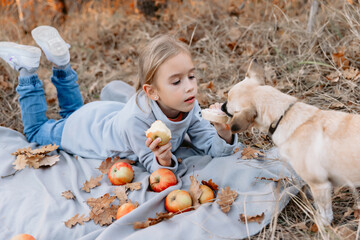 Cute child girl lies on a plaid, eating apple and give sandwich her dog on a picnic