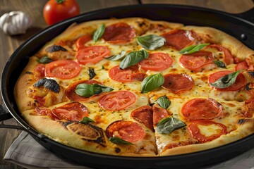 Pepperoni Pizza with Tomato and Basil Topping: Freshly Baked Cheesy Delight