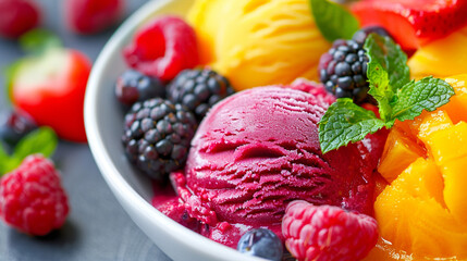Close-up of a gourmet gelato bowl with vibrant fruit sorbets