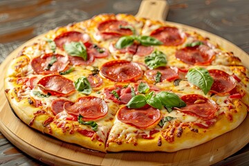 Pepperoni Pizza with Tomato and Basil Topping on Wooden Board - Delicious Pepperoni and Cheese Delight