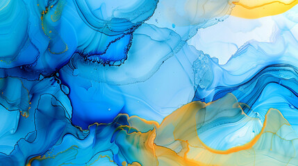 Pastel Blue and Bright Yellow Alcohol Ink Art with Luxurious Marble Swirls in Ultra High Definition.