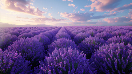 High angle view of a blooming lavender field, calming, natural palette