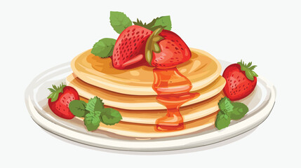 Plate of thin pancakes with strawberries and mint lea - obrazy, fototapety, plakaty