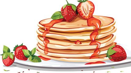 Plate of thin pancakes with strawberries and mint lea - obrazy, fototapety, plakaty