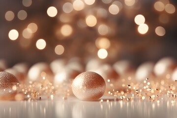 Golden Christmas balls and small glittering particles spread across a shiny surface with a warm bokeh effect in the background.
