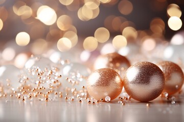 Several glittering golden baubles and tiny beads scattered, with warm bokeh lights illuminating the soft-focus background.