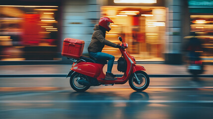 red delivery scooter run on the road in the town scenery, fast delivery