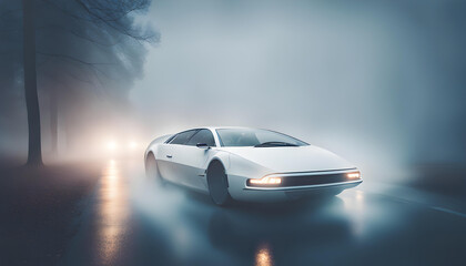 white modern car on a foggy day - obrazy, fototapety, plakaty