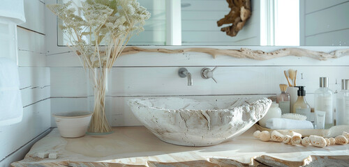 A coastal retreat washroom with whitewashed walls and driftwood accents.