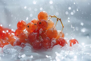 Close-up of fresh, wet orange grapes under a shower of water droplets, glowing ethereally against a soft gray background.