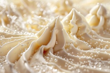 Close-up of creamy vanilla frosting peaks adorned with tiny sugar beads, showcasing texture and soft color nuances. - obrazy, fototapety, plakaty