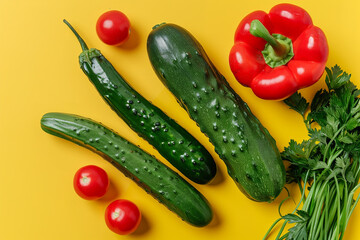 vegetables on a yellow table, top view, close up, minimalistic photo