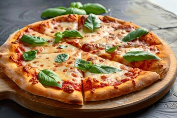 Freshly Baked Italian Traditional Dinner Pizza Style with Wooden Board Presentation and Fresh Basil Garnish