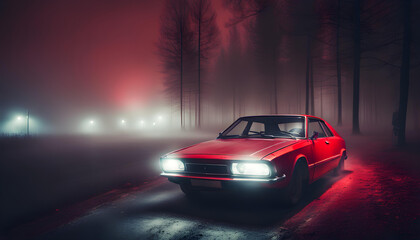 red car on the night road