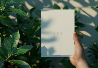 Wedding Card Mockup Against The Green Leaves With Mens Hand and Generative ai - obrazy, fototapety, plakaty