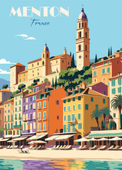 Menton, France Travel Destination Poster in retro style. French Riviera vintage colorful print. European summer vacation, holidays concept. Vector art illustration. - obrazy, fototapety, plakaty