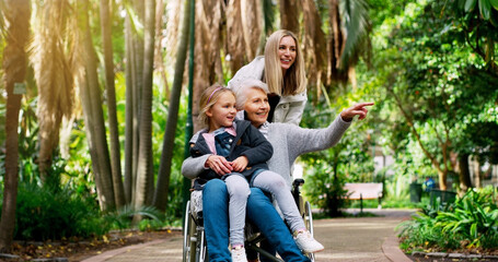 Elderly woman, wheelchair and child with lady in nature for retirement, trip or travel outdoor for...