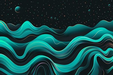 Psychedelic Teal Music Dance Party - Retro 80s Vibes on Vibrant Black Wave - Creative Texture Design