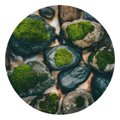 Set of moss-covered rocks in natural settings, cut out white background