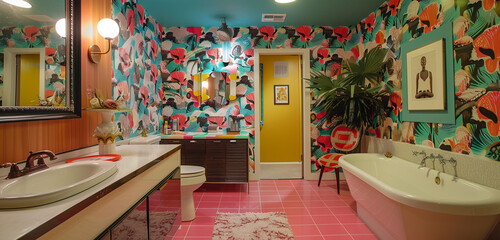 A retro-chic washroom with vibrant wallpaper and mid-century modern furnishings.
