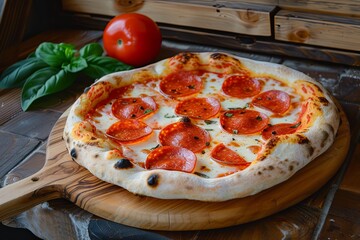 Freshly Baked Cheesy Pepperoni Pizza Experience - Traditional Tasty Eats on Wooden Board