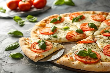 Fresh Tomatoes and Basil Pizza Composition: Cheesy Pizza Baked Freshly for a Quick and Delicious Dinner Idea