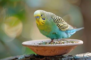 A curious budgie perched on the edge of a dish, chirping happily while pecking at seeds.