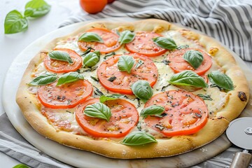 Fresh Tomato and Basil Pizza Composition: Fast & Delicious Cheesy Snack Moment