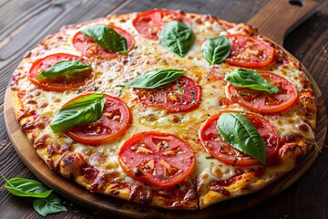 Freshly Baked Margarita Pizza with Basil on Rustic Wooden Board