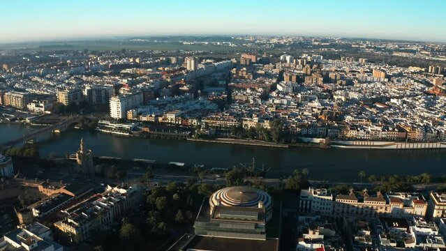 Aerial Drone of Sevilla City in Andalusia, Spain. El andaluz, former Moorish empire, caliphate