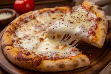 Freshly Baked Pizza Slice with Melted Mozzarella Cheese on Rustic Wooden Platter