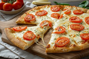 Freshly Baked Tomato and Mozzarella Cheese Pizza Slice on Rustic Board
