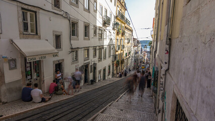 The Gloria Funicular Elevador da Gloria in the city of Lisbon timelapse, Portugal.