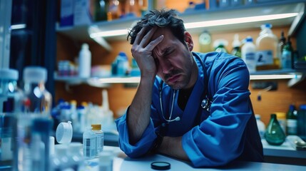 Stressed, exhausted doctor in the clinic under pressure, surrounded by many drugs.