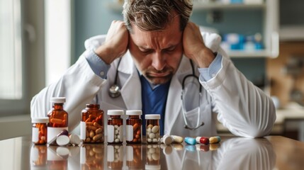 Stressed, exhausted doctor in the clinic under pressure, surrounded by many drugs.