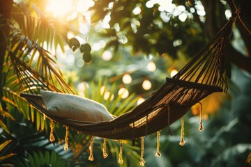 Serene natural landscape, hammock suspended among the trees, capturing the essence of summer relaxation and leisure in a beautiful tropical setting.