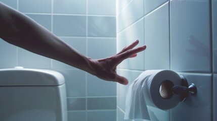 Hand urgently reaching for toilet paper in the restroom. The concept of diarrhea and other digestive problems.
