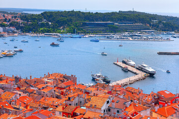 Panoramic view of Croatian town Rovinj and harbor. Rovinj coastal town at Adriatic Sea in Croatia,...