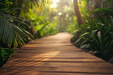 Wooden walkway winding through a tropical forest with dense, lush foliage.