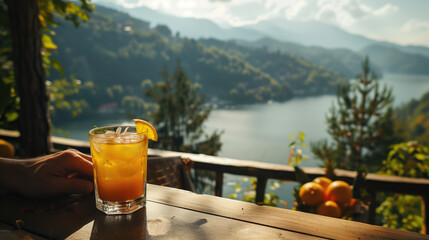 glass of drink on a wooden terrace
