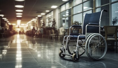 Empty wheelchair in hospital corridor. Health care and medical concept. Disability concept with copy space. loneliness concept.