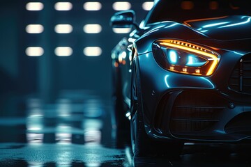 New premium car with glowing headlights on a dark background close-up front view