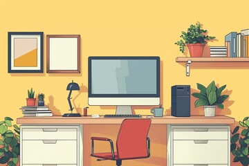 Vector illustration of modern workplace with computer,Generative Ai