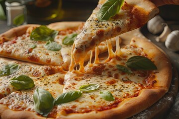 Freshly Baked Pizza: Hand Lifting Cheesy Slice in Rustic Setting with Fresh Basil
