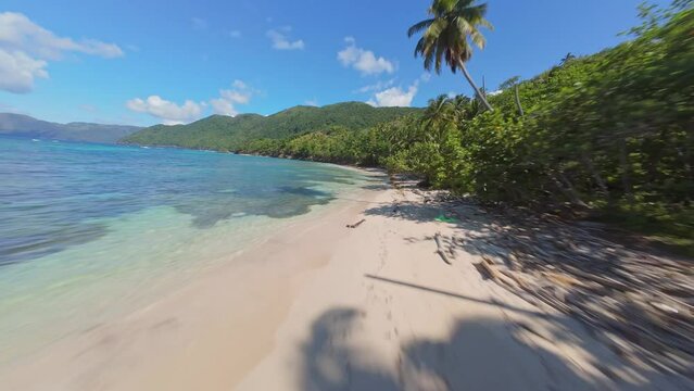 Speed FPV flight over Sandy beach, along Caribbean sea with coral reef and palm trees in summer. 