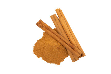 Cinnamon powder isolated on white background. Spicy spice for baking, desserts and drinks. Fragrant ground cinnamon.