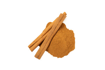 Cinnamon powder isolated on white background. Spicy spice for baking, desserts and drinks. Fragrant ground cinnamon.