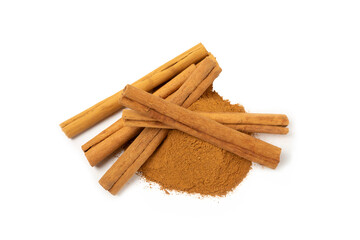 Cinnamon powder isolated on white background. Spicy spice for baking, desserts and drinks. Fragrant ground cinnamon.