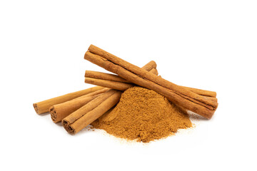 Cinnamon powder isolated on white background. Spicy spice for baking, desserts and drinks. Fragrant ground cinnamon.