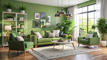 Interior of living room with green armchairs and sofa 3D rendering